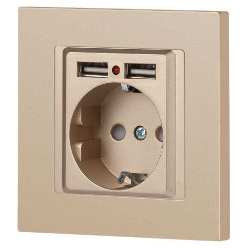 картинка Розетка 1-м СП Accent 6-410-04 16А IP20 250В P+E Schuko + 2хUSB защ. шторки шампань Intro Б0063696