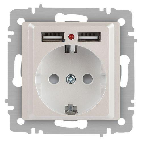 картинка Розетка 1-м СП Accent 6-410-06 16А IP20 250В P+E Schuko + 2хUSB защ. шторки перламутр. Intro Б0063700