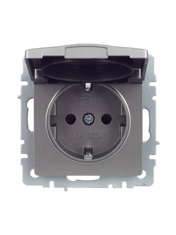 картинка Розетка BRITE РСбш10-3-БрС 16А IP20 с заземл. защ. шторки с крышкой механизм сталь IEK BR-R16-16-K46