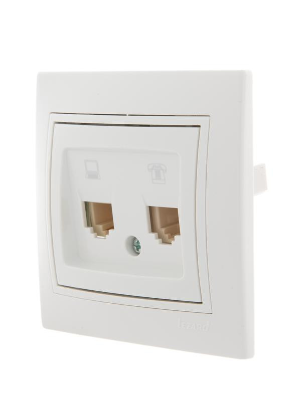 картинка Розетка компьютерная + телефонная 2-м СП Mira RJ45 + RJ11 бел./бел. LEZARD 701-0202-143