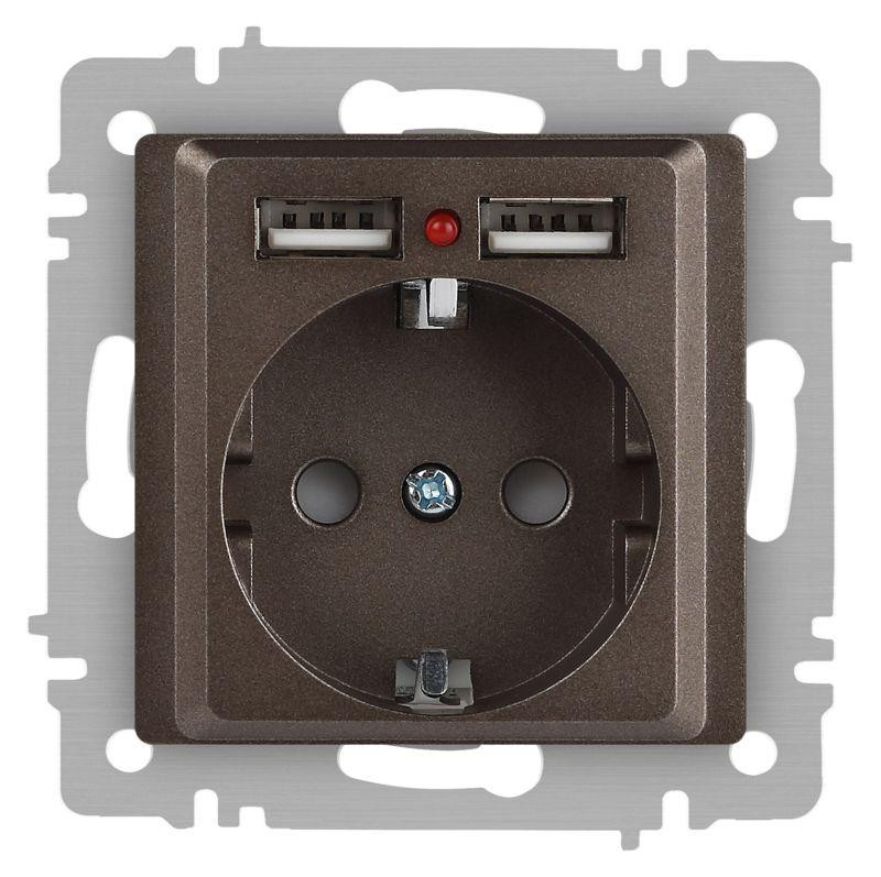 Розетка 1-м СП Accent 6-410-08 16А IP20 250В P+E Schuko + 2хUSB защ. шторки бронза Intro Б0063704