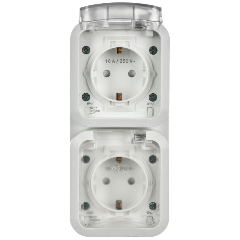 Розетка 2-м ОП TORS 16А IP55 TS332 вертик. с заземл. с крышкой бел. IEK TS-R26-16-55-V-K01