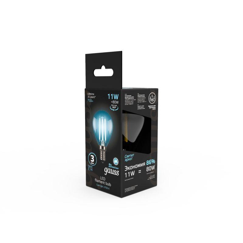 картинка Лампа светодиодная филаментная Black Filament 11Вт P45 шар 4100К нейтр. бел. E14 830лм GAUSS 105801211
