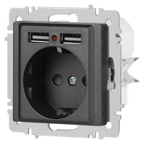 Розетка 1-м СП Accent 6-410-07 16А IP20 250В P+E Schuko + 2хUSB защ. шторки графит Intro Б0063702