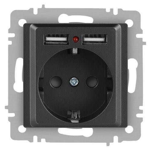 картинка Розетка 1-м СП Accent 6-410-07 16А IP20 250В P+E Schuko + 2хUSB защ. шторки графит Intro Б0063702