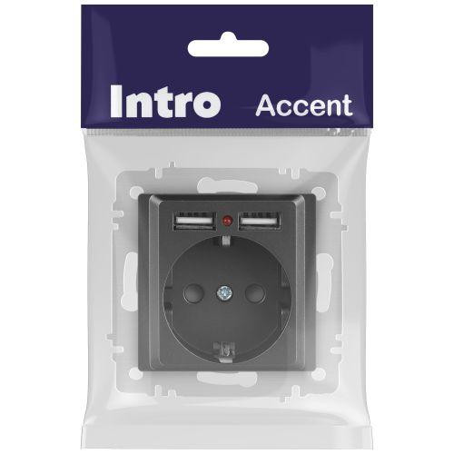 картинка Розетка 1-м СП Accent 6-410-07 16А IP20 250В P+E Schuko + 2хUSB защ. шторки графит Intro Б0063702