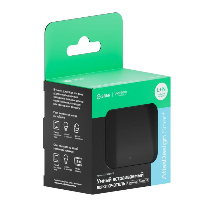 картинка Выключатель 1-кл. AtlasDesign Smart 10А (сх. 1) L+N с подсветкой Zigbee механизм карбон SE ATN001013Z