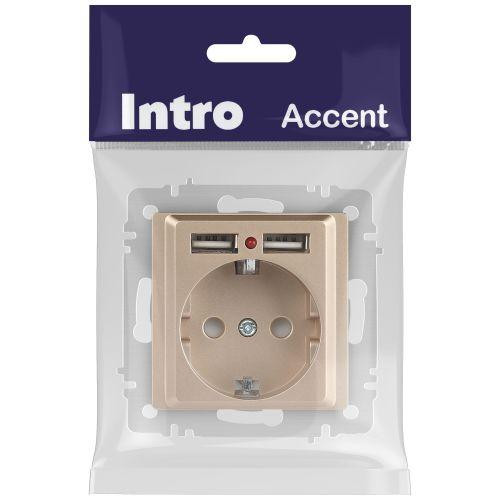 картинка Розетка 1-м СП Accent 6-410-04 16А IP20 250В P+E Schuko + 2хUSB защ. шторки шампань Intro Б0063696