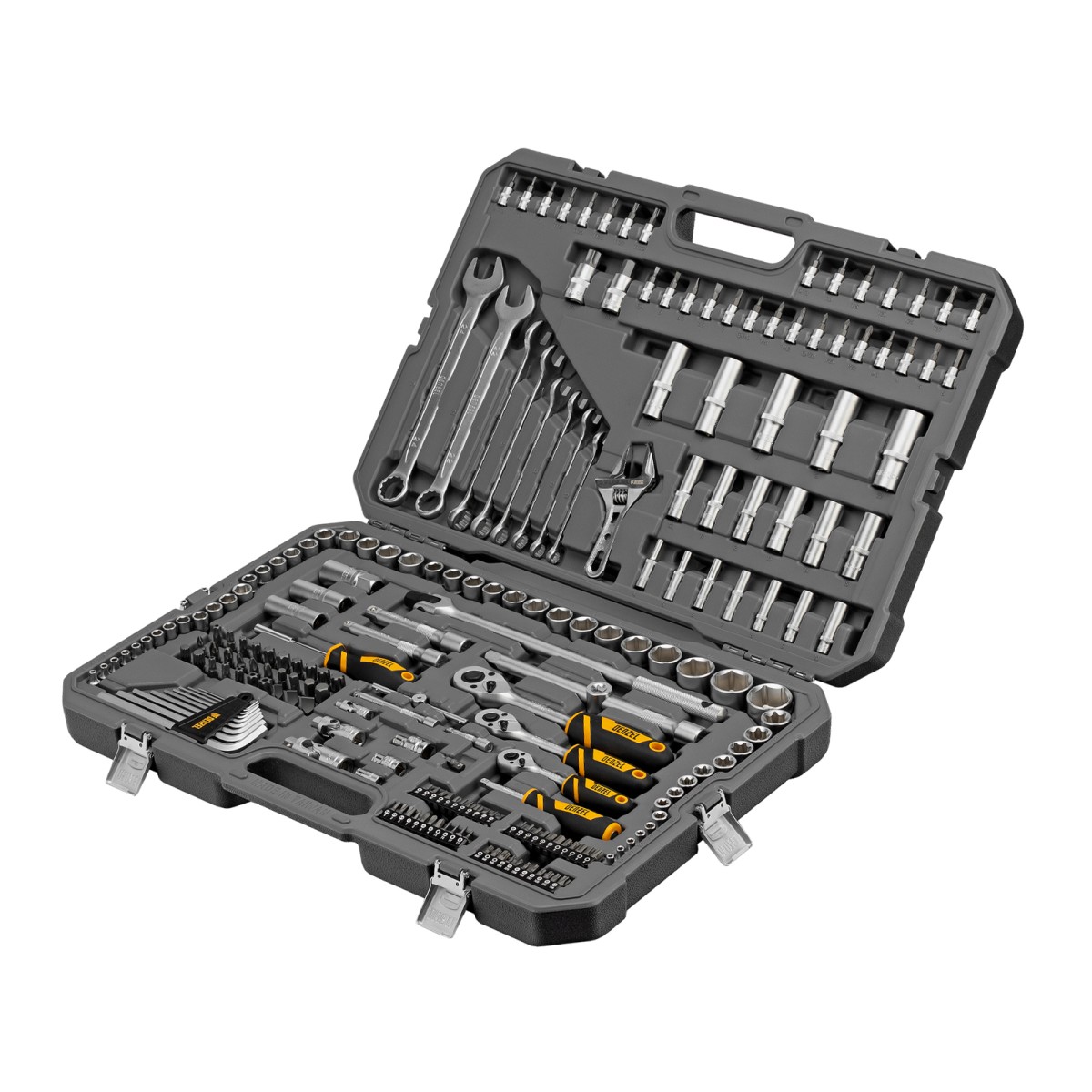 Набор инструментов, 1/2", 1/4", 3/8", CrV, S2, пластиковый кейс, 216 предметов Denzel