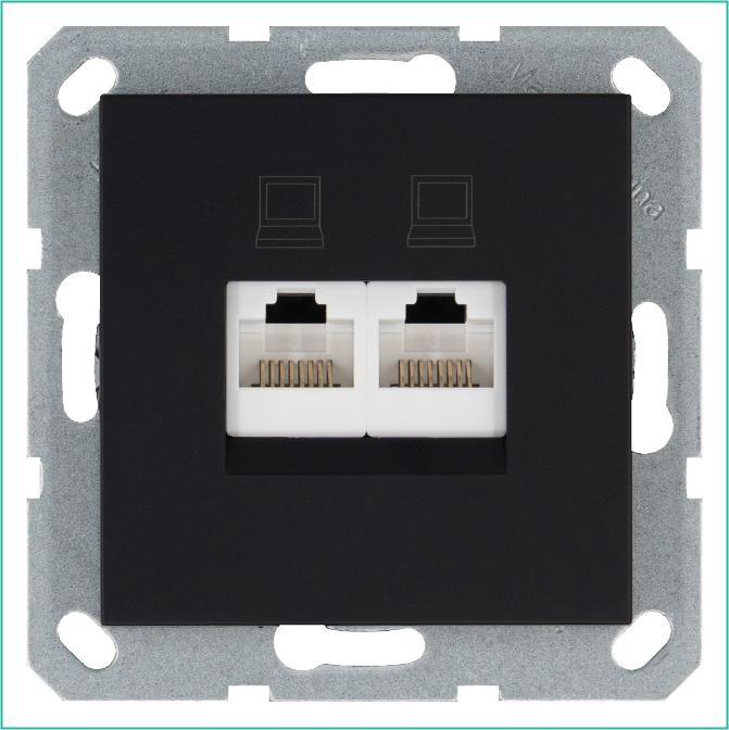 Розетка компьютерная 2-м RJ45 IP20 кат. 6 механизм черн. матов. soft touch Jasmart G6108PB