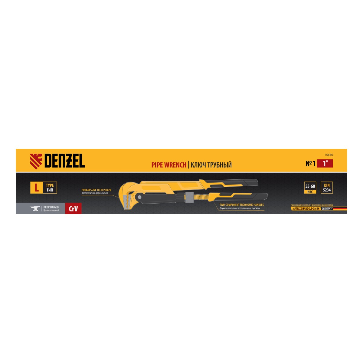 картинка Ключ трубный рычажный №1", 1", цельнокованый, CrV, тип "L" Denzel