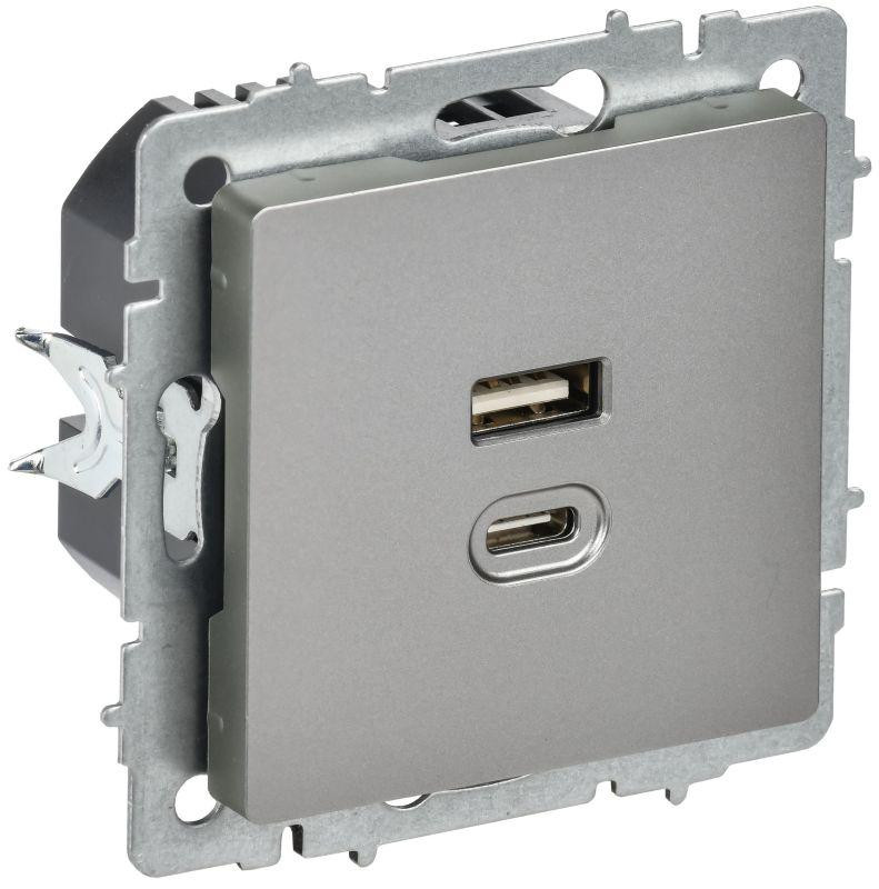 картинка Розетка СП BRITE USB A+C 45Вт высокоск. заряд. РЮ11-2-БрС сталь IEK BR-U22-045-K46
