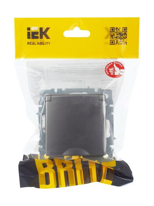 картинка Розетка BRITE РСбш10-3-БрС 16А IP20 с заземл. защ. шторки с крышкой механизм сталь IEK BR-R16-16-K46