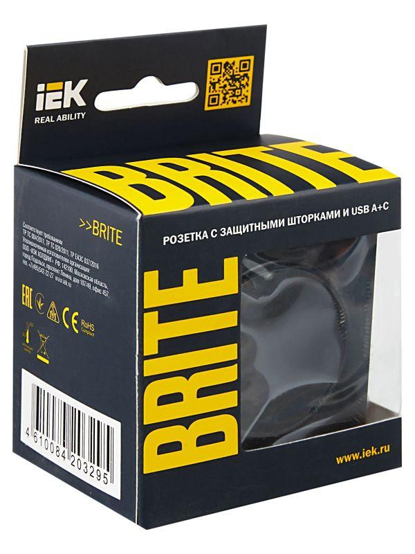 картинка Розетка BRITE РЮш11-1-БрЧ 16А с USB A+C 18Вт с заземл. защ. шторки механизм черн. IEK BR-R14-16-U22-018-K02