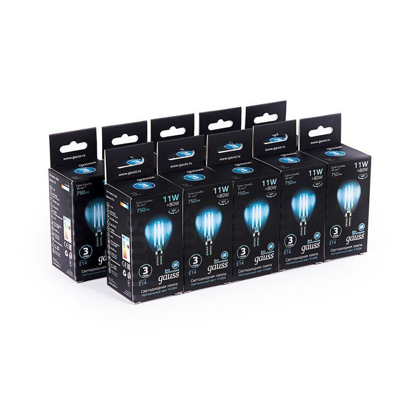 картинка Лампа светодиодная филаментная Black Filament 11Вт P45 шар 4100К нейтр. бел. E14 830лм GAUSS 105801211