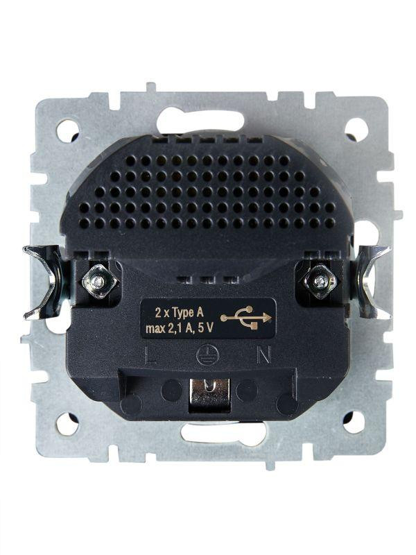 картинка Розетка BRITE РЮш10-1-БрГ 16А с USB A+A 2.1А с заземл. защ. шторки механизм графит IEK BR-R14-16-U21-D21-K53
