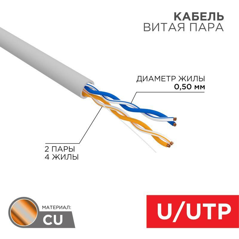 картинка Кабель витая пара U/UTP кат.5E 2х2х24AWG solid CU PVC сер. (м) Rexant 01-0023-R