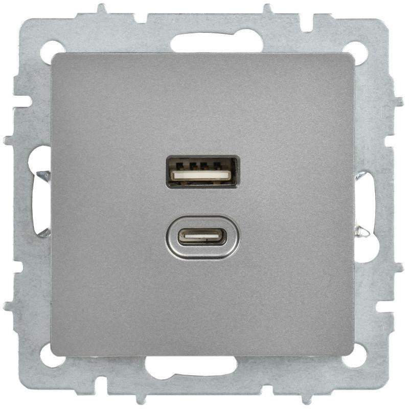 картинка Розетка СП BRITE USB A+C 45Вт высокоск. заряд. РЮ11-2-БрС сталь IEK BR-U22-045-K46