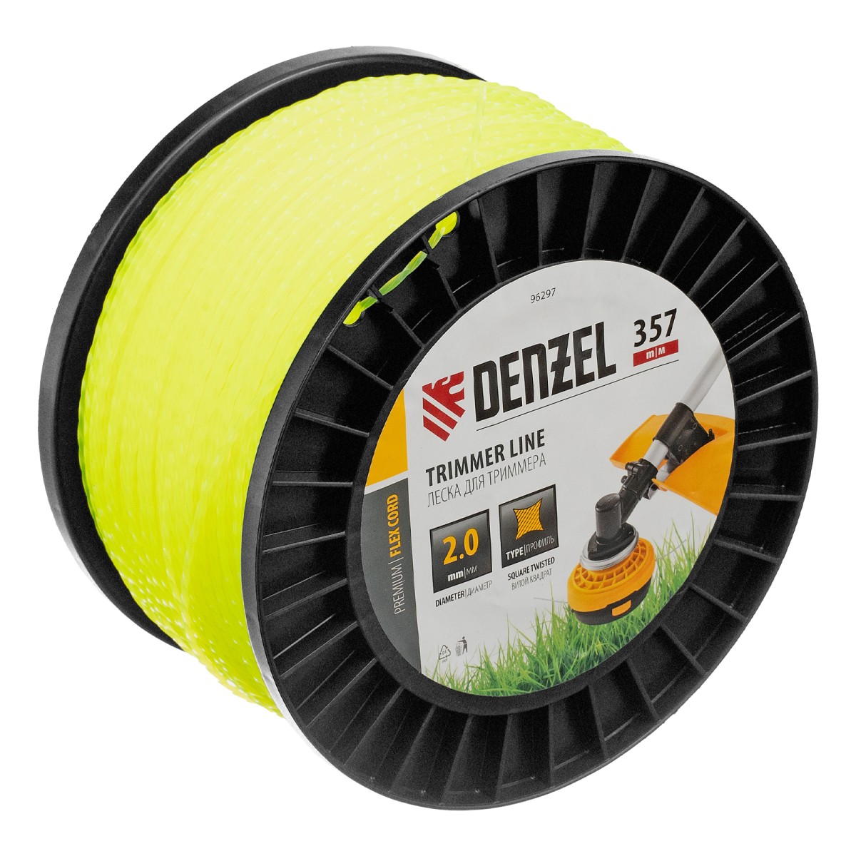 Леска для триммера витой квадрат, 2,0мм х 357м, на DIN катушке FLEX CORD Denzel