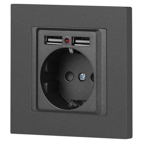 картинка Розетка 1-м СП Accent 6-410-07 16А IP20 250В P+E Schuko + 2хUSB защ. шторки графит Intro Б0063702