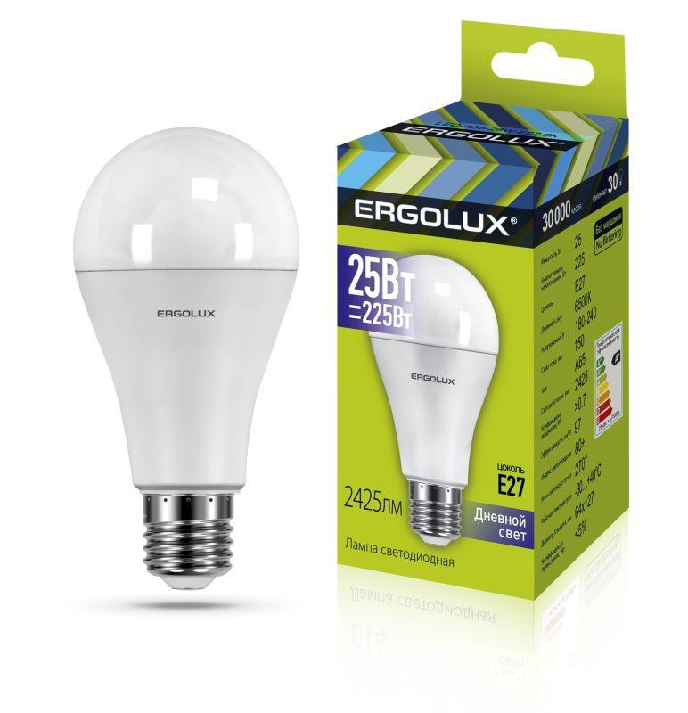 картинка Лампа светодиодная LED-A65-25W-E27-6K ЛОН 25Вт E27 6500К 180-240В Ergolux 14228