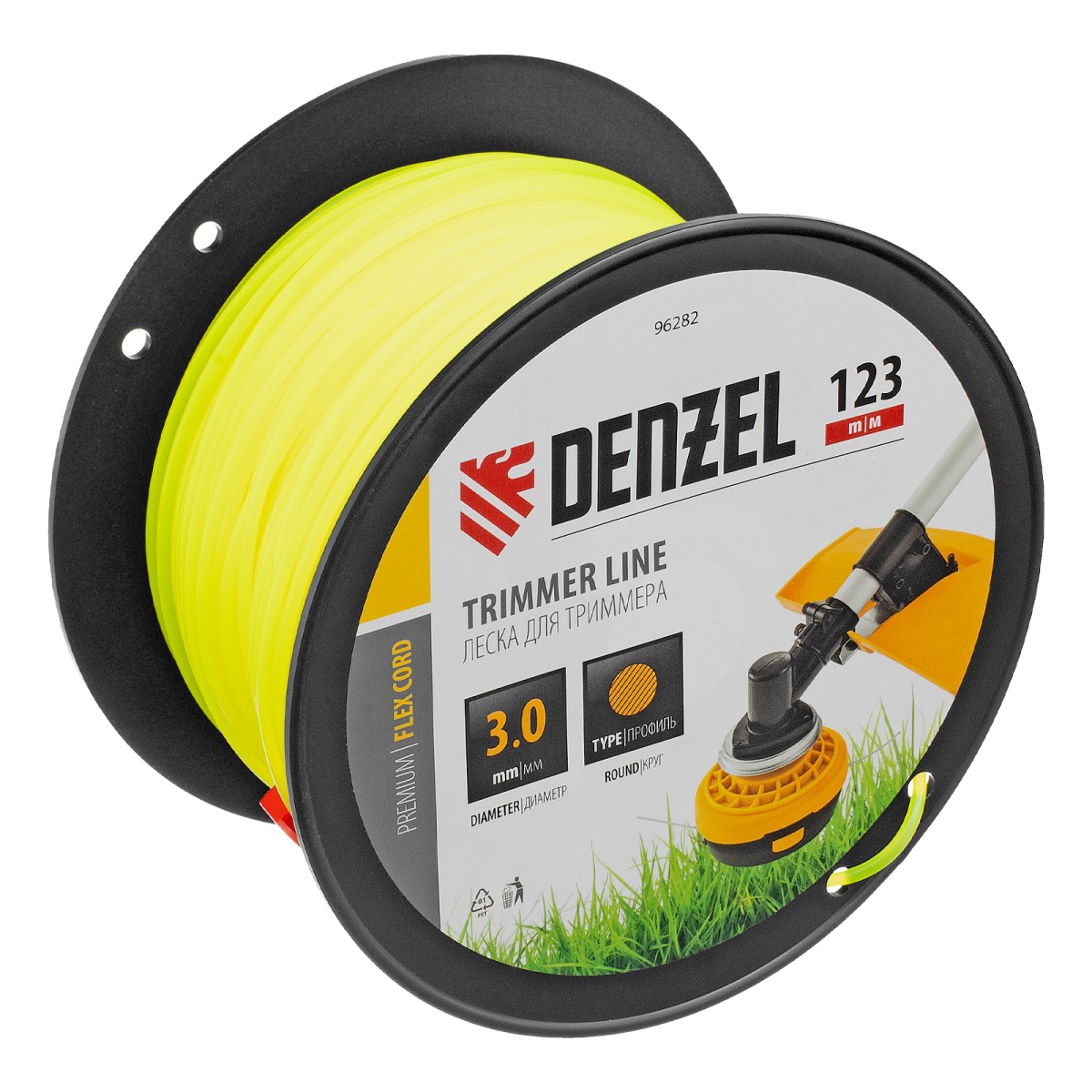 Леска для триммера круглая, 3,0мм х 123м, на DIN катушке FLEX CORD,  Denzel