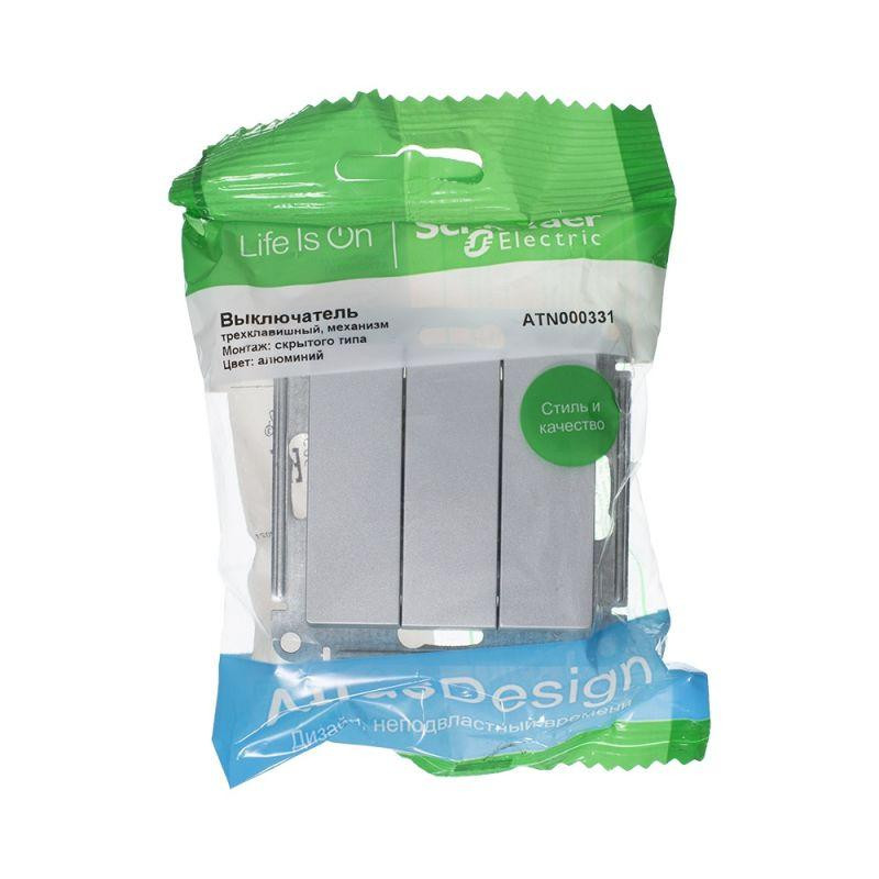 картинка Выключатель 3-кл. СП AtlasDesign 10А IP20 (сх. 1+1+1) 10AX механизм алюм. SE ATN000331