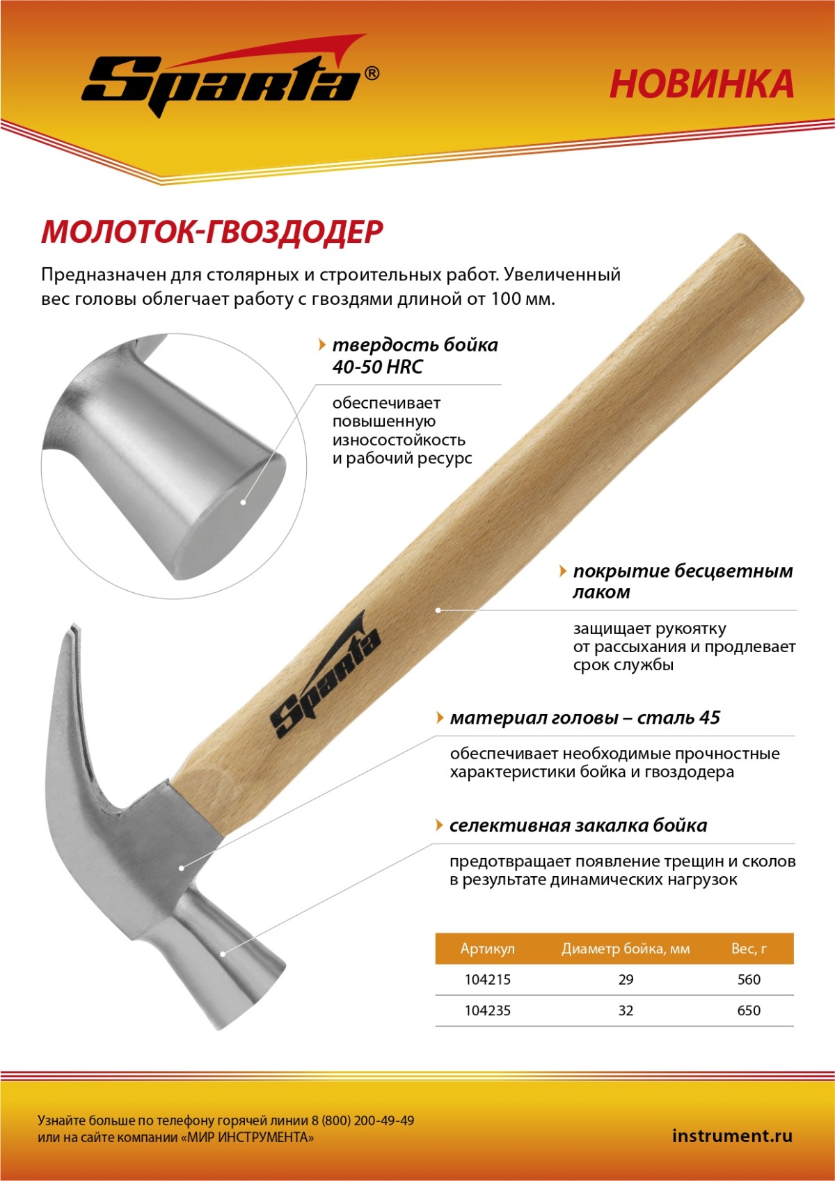 картинка Молоток-гвоздодер, 650 г, боек 32 мм, деревянная рукоятка Sparta