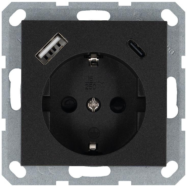 Розетка Shuko 16А с заземл. защ. шторки с 2-мя заряд. устройствами USB тип A+C 25Вт механизм антрацит Jasmart G5501USB-25B