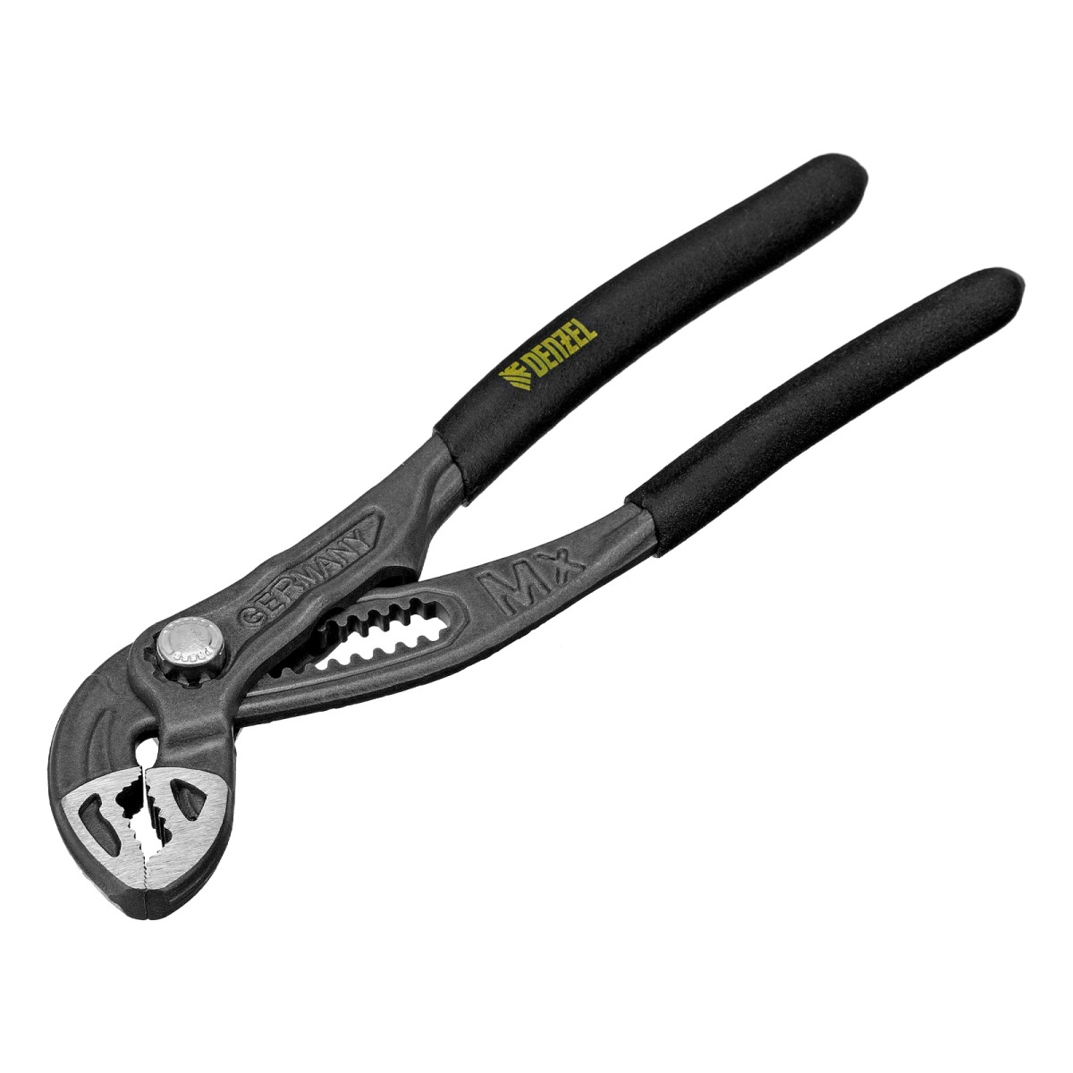 картинка Клещи переставные, кнопочный механизм, обливные рукоятки, 180 мм Denzel