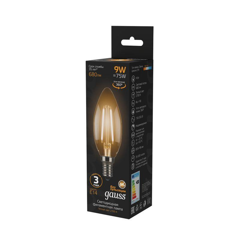 картинка Лампа светодиодная филаментная Black Filament 9Вт свеча 2700К тепл. бел. E14 680лм GAUSS 103801109