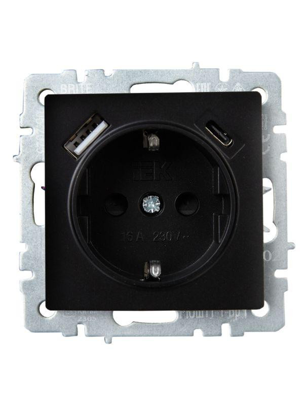 картинка Розетка BRITE РЮш11-1-БрЧ 16А с USB A+C 18Вт с заземл. защ. шторки механизм черн. IEK BR-R14-16-U22-018-K02