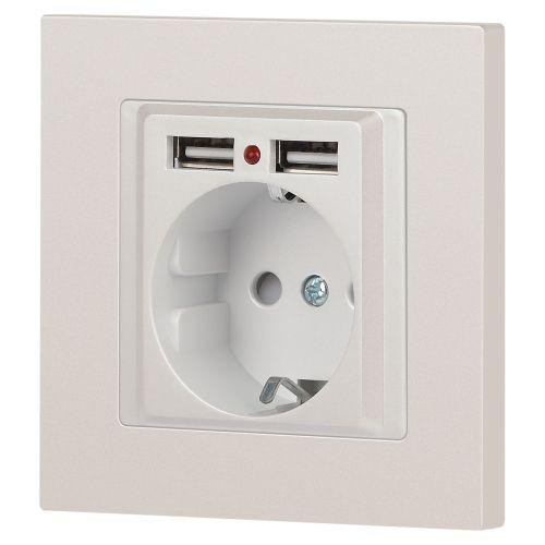 картинка Розетка 1-м СП Accent 6-410-06 16А IP20 250В P+E Schuko + 2хUSB защ. шторки перламутр. Intro Б0063700