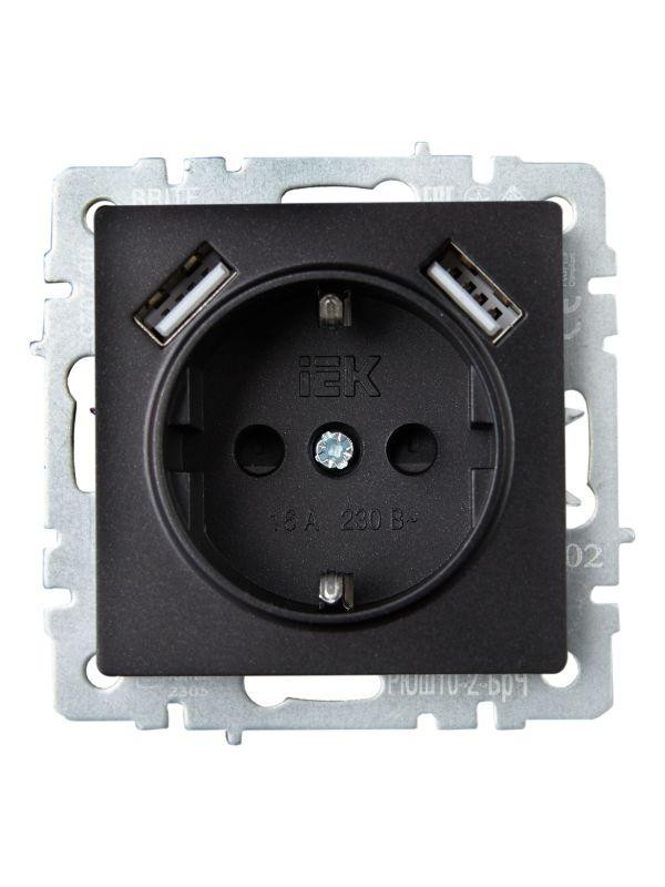 картинка Розетка BRITE РЮш10-2-БрЧ 16А с USB A+A 3.1А с заземл. защ. шторки механизм черн. IEK BR-R14-16-U21-D31-K02