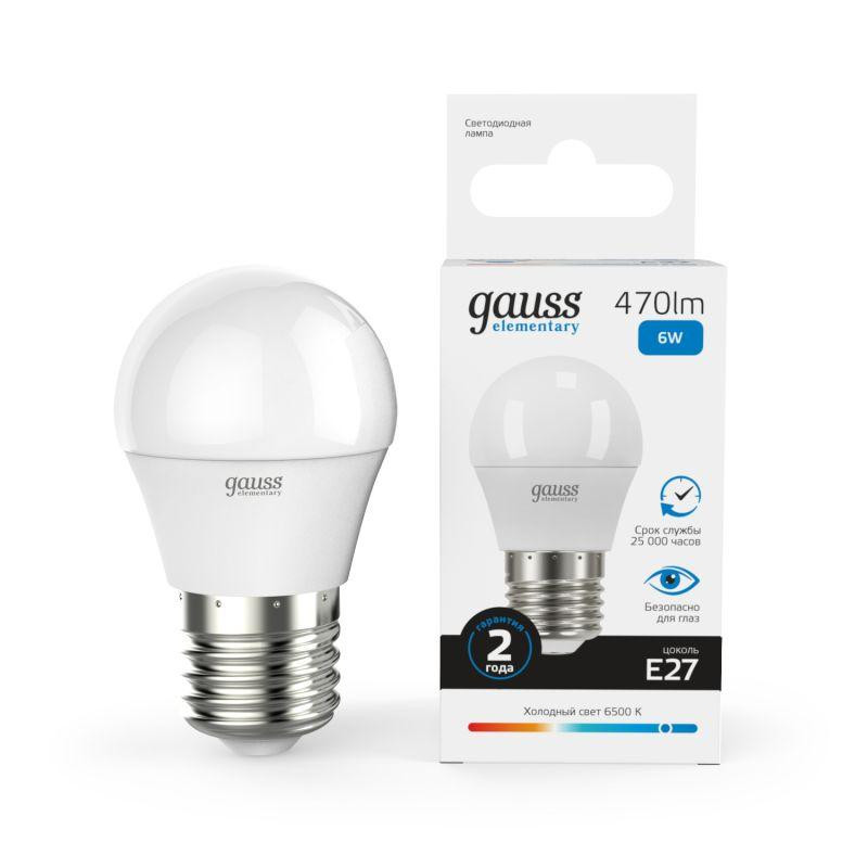 картинка Лампа светодиодная Elementary 6Вт P45 шар 6500К холод. бел. E27 470лм GAUSS 53236