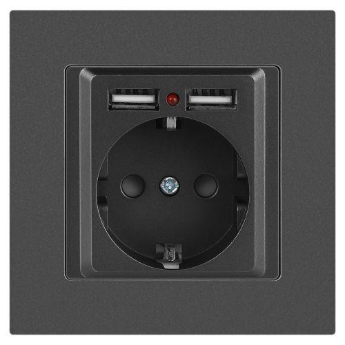 картинка Розетка 1-м СП Accent 6-410-07 16А IP20 250В P+E Schuko + 2хUSB защ. шторки графит Intro Б0063702