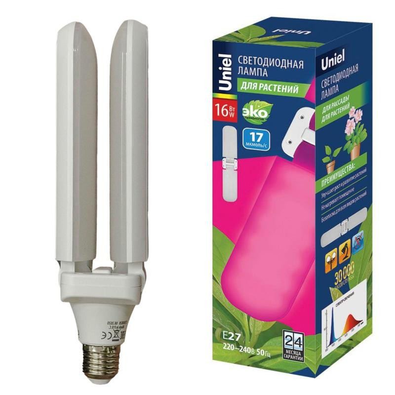 картинка Лампа светодиодная LED-P65-16W/SPSB/E27/FR/P2 PLP32WH 16Вт P65 лепестковая матовая E27 для растений спектр для рассады и цветения (упак. картон) Uniel UL-00007406