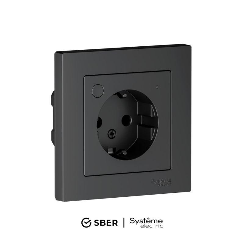 картинка Розетка AtlasDesign Smart 16А L+N с заземл. защ. шторки Zigbee механизм карбон SE ATN001045Z