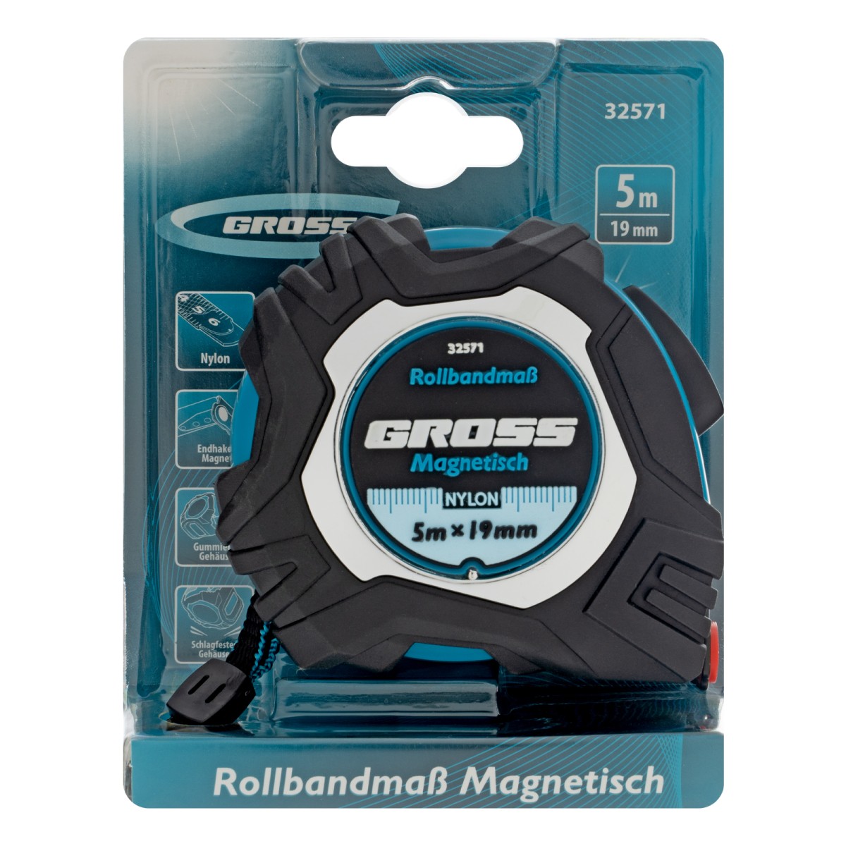 картинка Рулетка Magnetisch 5 м х 19 мм,обрезиненный корпус,автоматическая фиксация,Нейлоновое покрытиеытие,зацеп с магнитом Gross