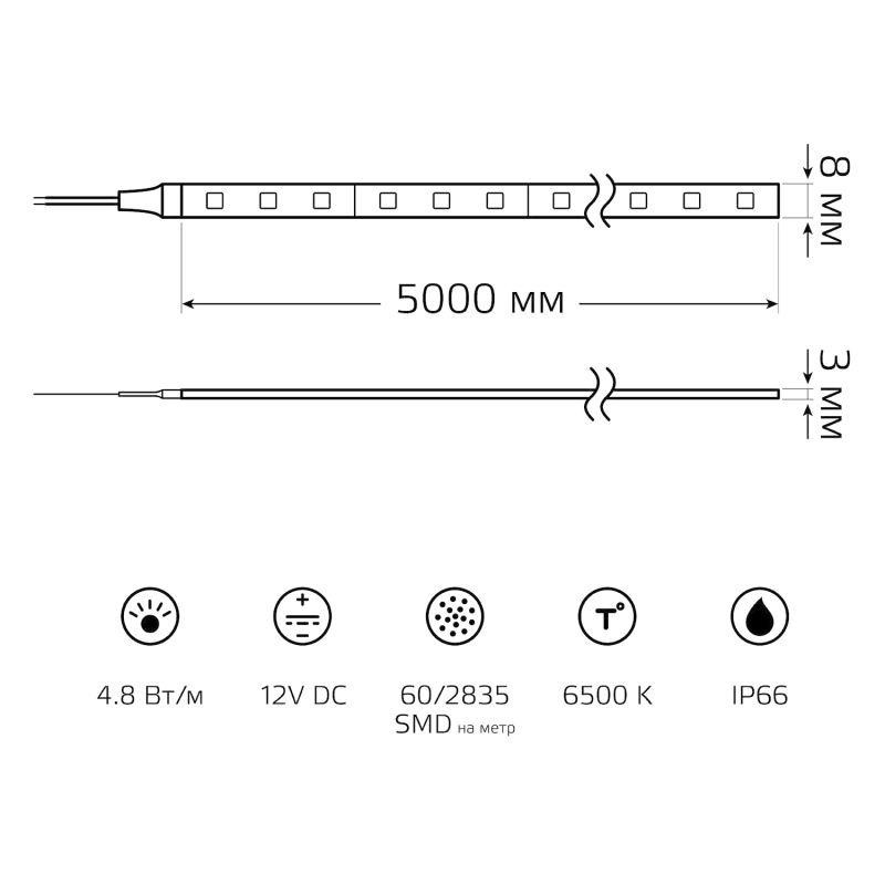 картинка Лента светодиодная Elementary 2835/60-SMD 4.8Вт/м 6500К холод. бел. IP66 150лм/м 12В 8мм (уп.5м) GAUSS 356000305