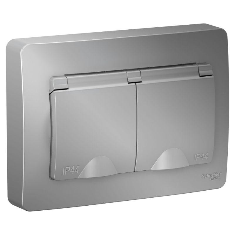 картинка Розетка 2-м СП Blanca 16А IP44 250В с заземл. защ. шторки с крышкой алюм. SE BLNRS441123