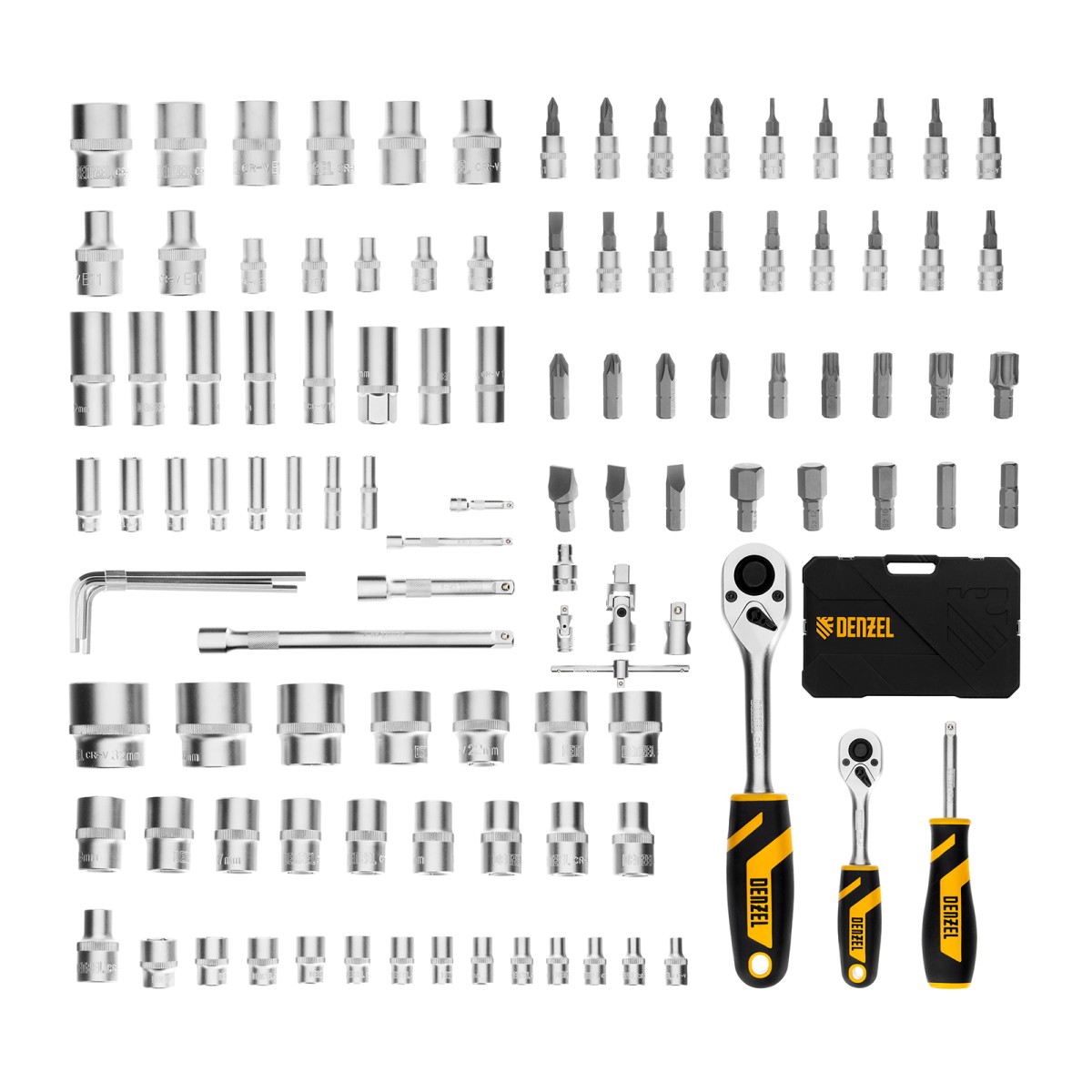 картинка Набор инструментов, 1/2", 1/4", CrV, S2, пластиковый кейс, 109 предметов Denzel