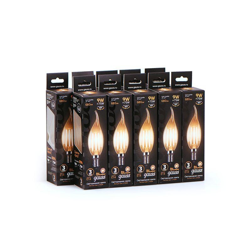 картинка Лампа светодиодная филаментная Black Filament 9Вт свеча на ветру 2700К тепл. бел. E14 680лм GAUSS 104801109
