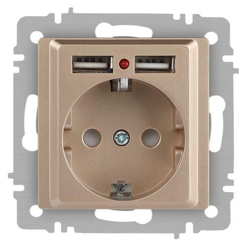 картинка Розетка 1-м СП Accent 6-410-04 16А IP20 250В P+E Schuko + 2хUSB защ. шторки шампань Intro Б0063696