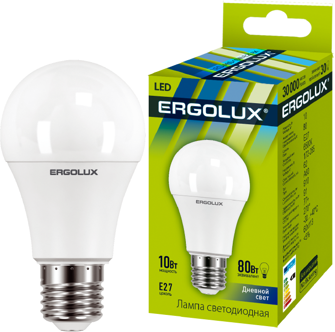 картинка Лампа светодиодная LED-A60-10W-E27-6500K 10Вт грушевидная 6500К холод. бел. E27 180-240В ЛОН Ergolux 12879