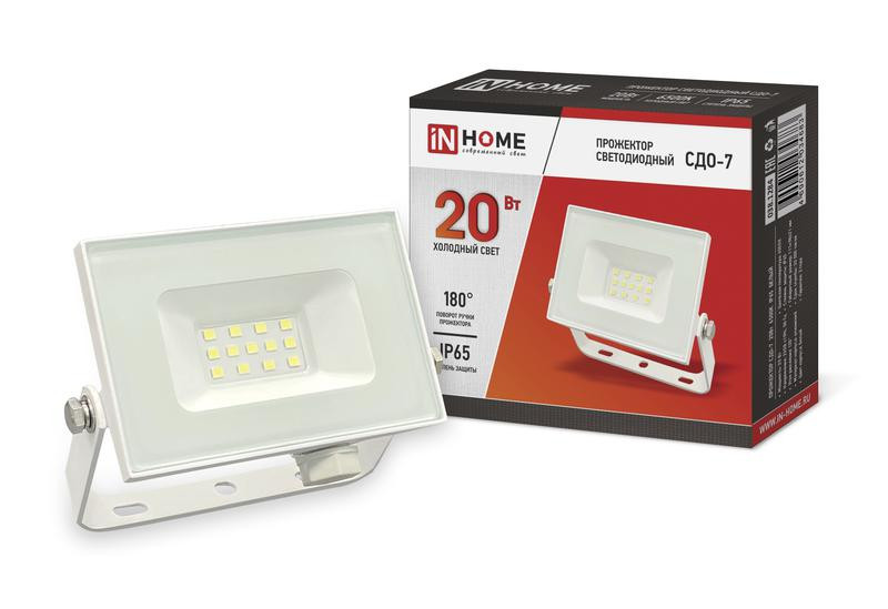 Прожектор светодиодный СДО-7 20Вт 6500К IP65 1800лм 230В бел. IN HOME 4690612034683