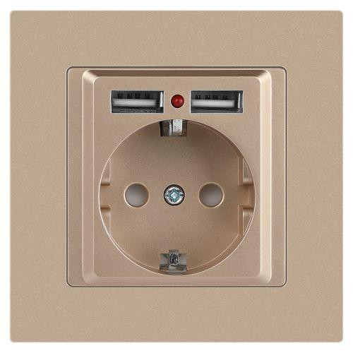 картинка Розетка 1-м СП Accent 6-410-04 16А IP20 250В P+E Schuko + 2хUSB защ. шторки шампань Intro Б0063696