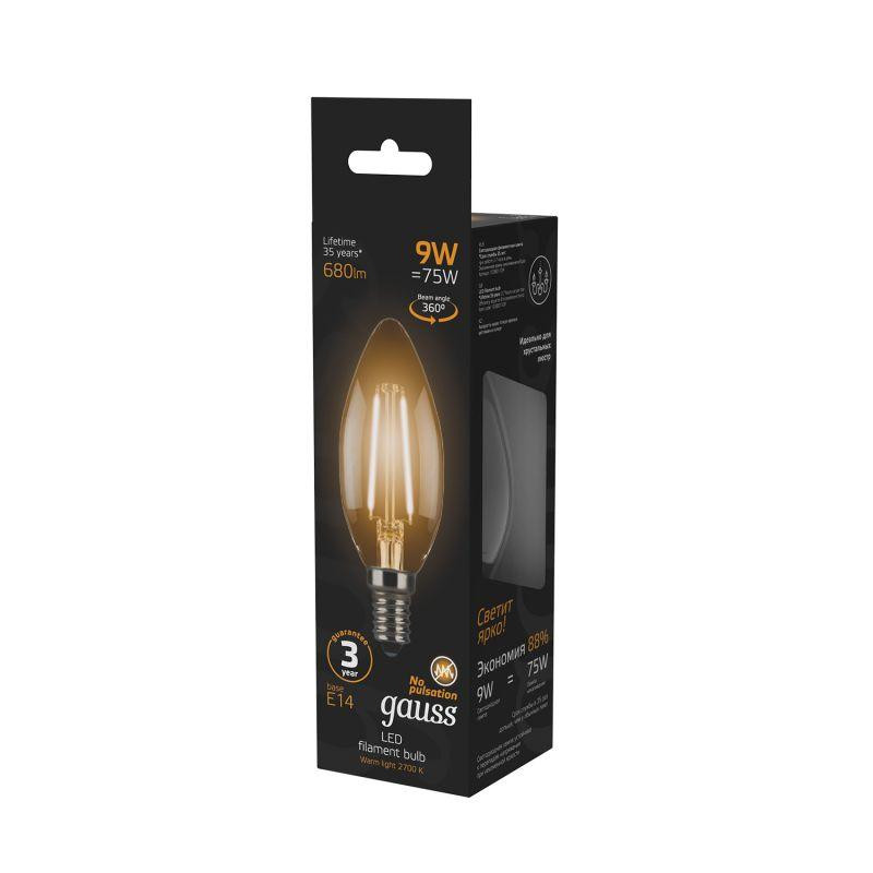 картинка Лампа светодиодная филаментная Black Filament 9Вт свеча 2700К тепл. бел. E14 680лм GAUSS 103801109