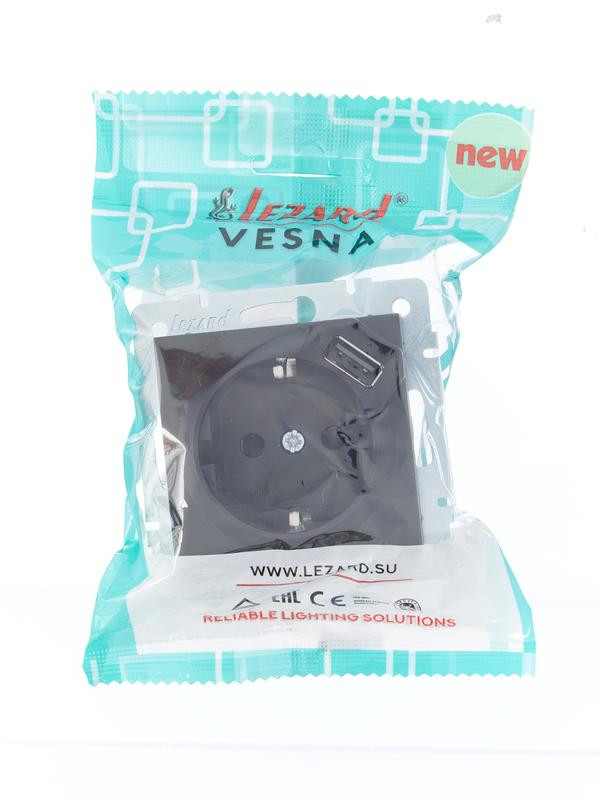 картинка Розетка 1-м СП Vesna с заземл. с заряд. устройством USB механизм черн. бархат LEZARD 742-4288-181