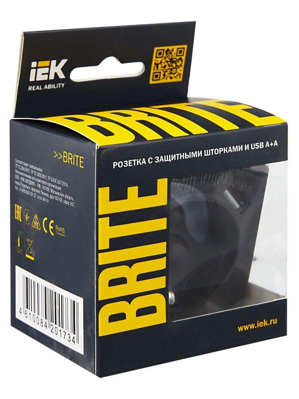 картинка Розетка BRITE РЮш10-1-БрГ 16А с USB A+A 2.1А с заземл. защ. шторки механизм графит IEK BR-R14-16-U21-D21-K53